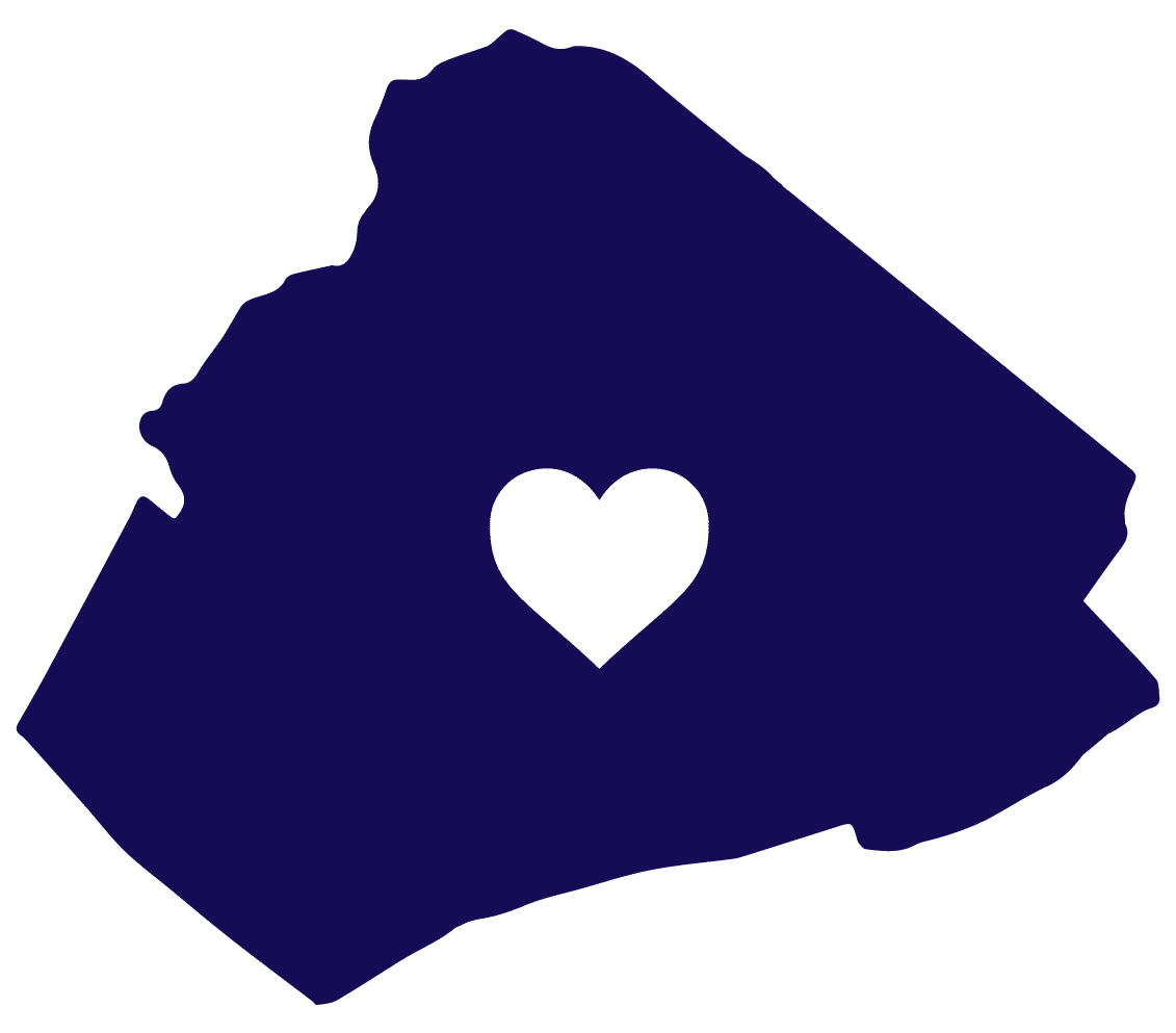 A graphic of Mercer County in blue with a white heart marking the location of Princeton.